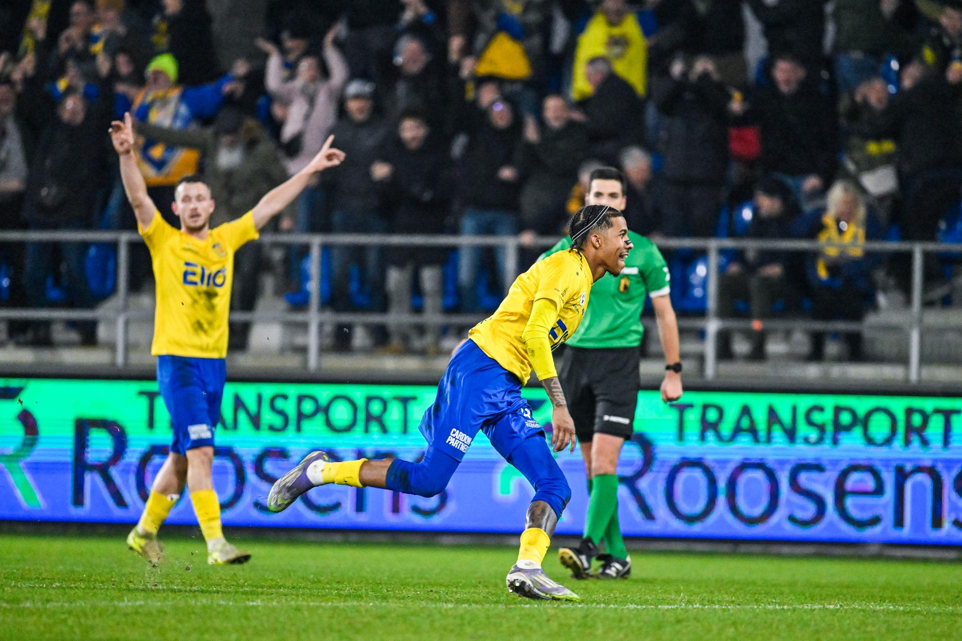 Beveren's Jearl Margaritha celebrates after scoring during a soccer game between SK Beveren and Beerschot VA, Saturday 20 December 2025 in Beveren, on day 19 of the 2025-2026 'Challenger Pro League' 1B second division of the Belgian championship. BELGA PHOTO TOM GOYVAERTS