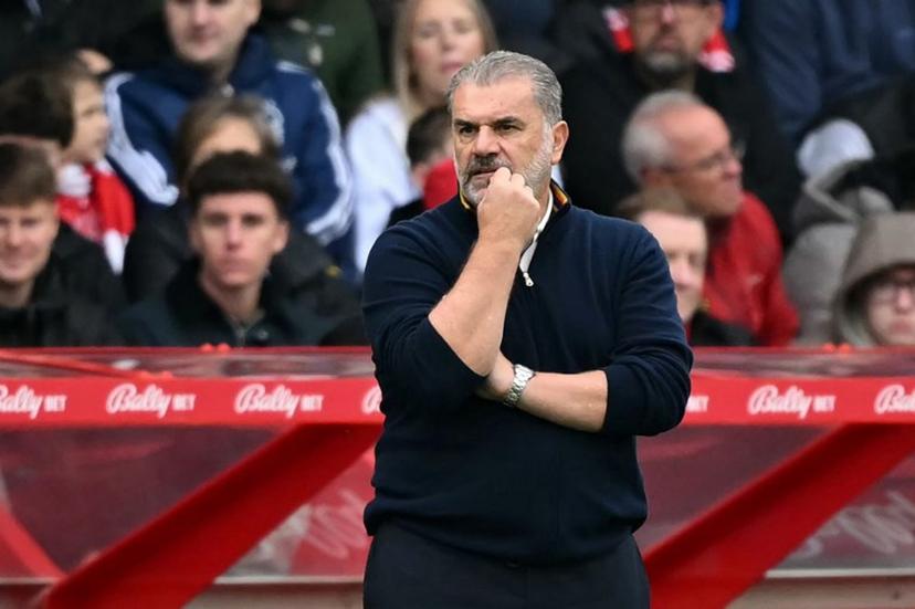 Nottingham Forest's Australian manager Ange Postecoglou reacts during the English Premier League football match between Nottingham Forest and Chelsea  at The City Ground in Nottingham, central England, on October 18, 2025.  JUSTIN TALLIS / AFP