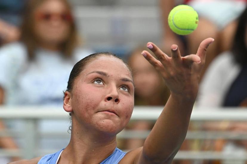 Sofia Costoulas of Belgium serves   against Katie Volynets of the United States during the Women's Qualifying Singles 1st round at the USTA Billie Jean King National Tennis Center in Flushing Meadow-Corona Park, in the Queens borough of New York, NY, August 18, 2025. (Photo by Anthony Behar/SipaUSA)