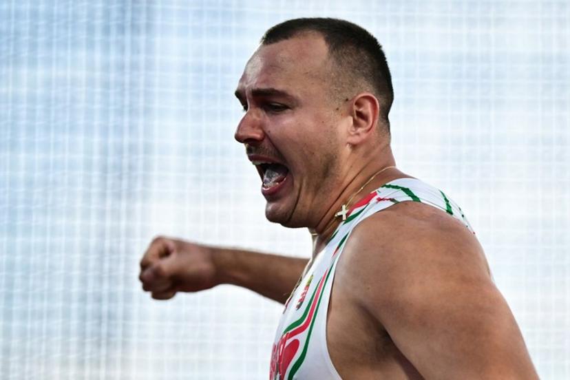 Hungary's Bence Halasz reacts as he competes in the men's hammer throw final during the European Athletics Championships at Alexander Stadium in Birmingham on August 11, 2026.  Ben STANSALL / AFP