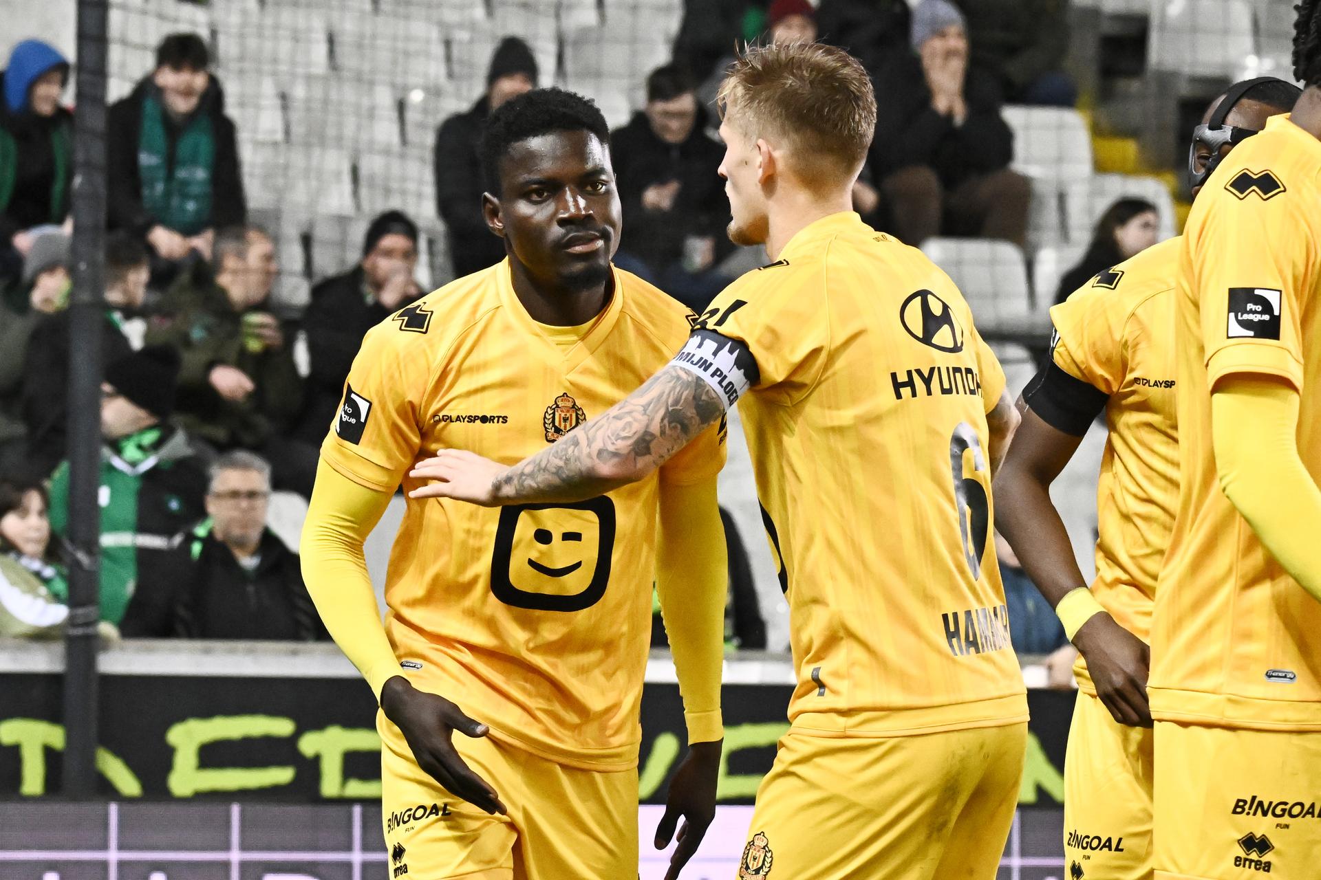 Mechelen's Gora Diouf celebrates after scoring the 1-3 goal during a soccer match between Cercle Brugge and KV Mechelen, Saturday 13 December 2025 in Brugge, on day 18 of the 2025-2026 'Jupiler Pro League' first division of the Belgian championship. BELGA PHOTO MAARTEN STRAETEMANS