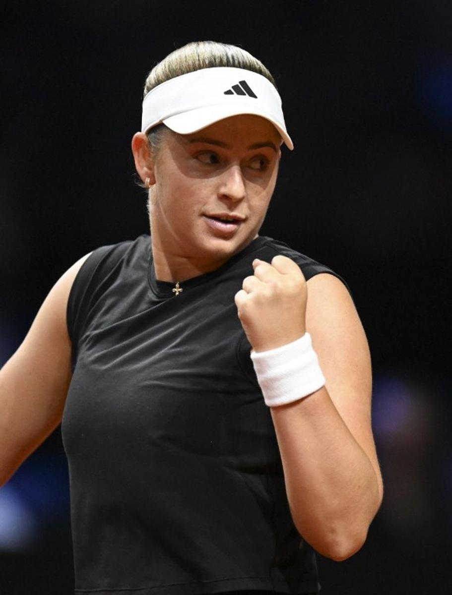 Latvia's Jelena Ostapenko reacts during the semi-final match against Russia's Ekaterina Alexandrova (unseen) at the Women's Tennis Grand Prix WTA tournament in Stuttgart, southwestern Germany, on April 20, 2025.  THOMAS KIENZLE / AFP