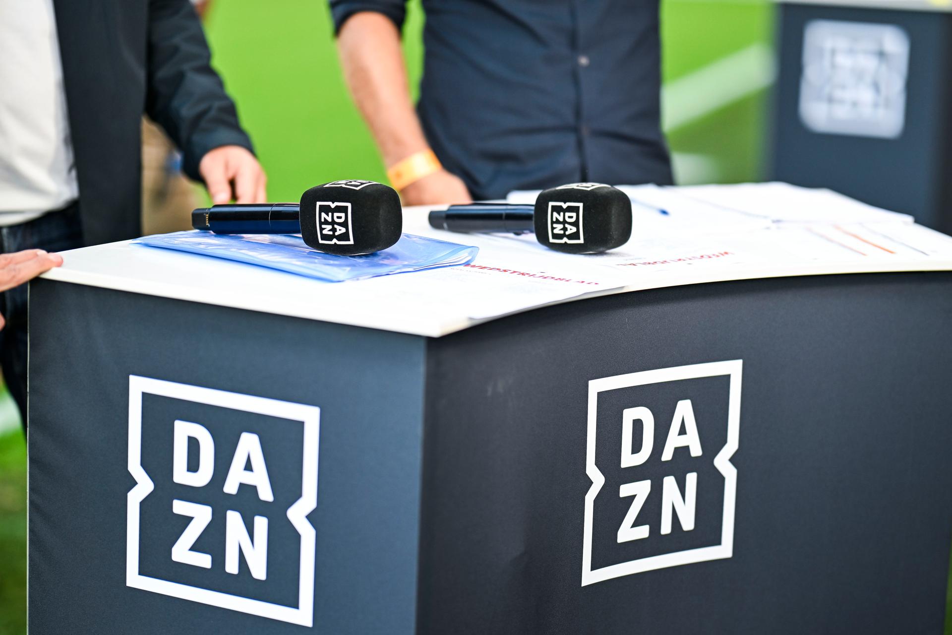 a DAZN logo pictured at a soccer match between Royal Antwerp FC and Royale Union Saint-Gilloise, Friday 25 July 2025 in Brussels, on day 1 of the 2025-2026 'Jupiler Pro League' first division of the Belgian championship. BELGA PHOTO TOM GOYVAERTS