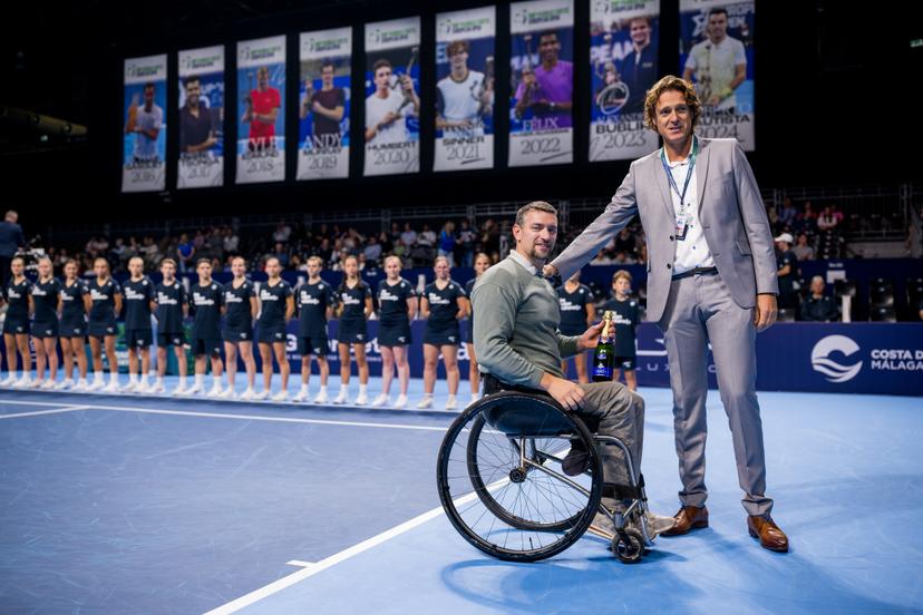 Belgian Joachim Gerard and European Open tournament director Dick Norman pictured during the European Open ATP tennis tournament in Brussels, on Saturday 18 October 2025. This year's edition of the tournament is taking place from 12 to 19 October 2025. BELGA PHOTO JASPER JACOBS