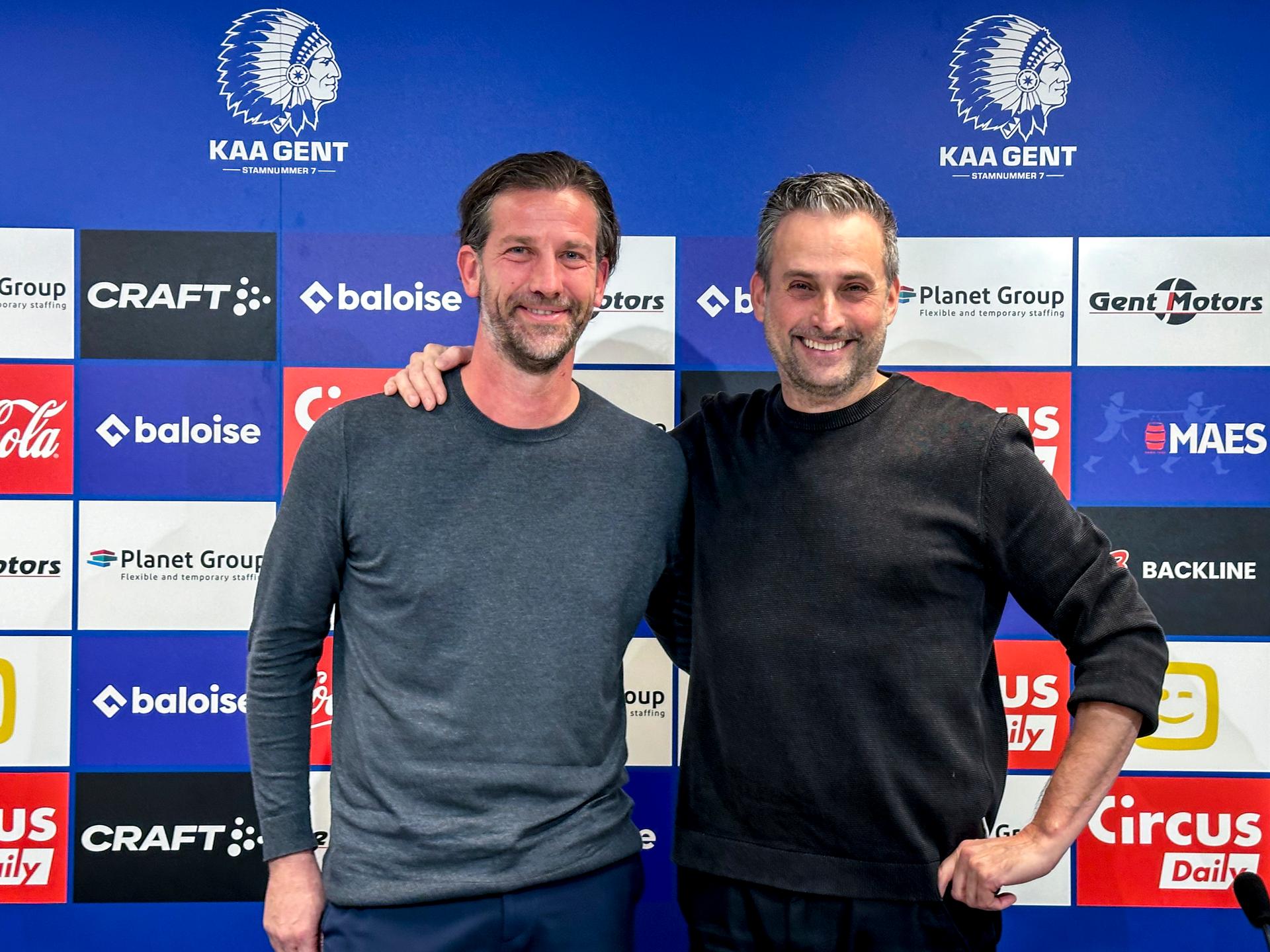 Gent's head coach Rik De Mil and Gent's owner Sam Baro pose at a press conference of Belgian soccer team KAA Gent their new head coach, Wednesday 10 December 2025 in Gent. BELGA PHOTO MAARTEN WEYNANTS