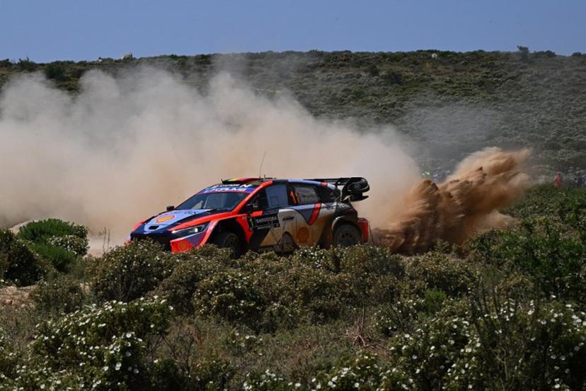 Belgian driver Thierry Neuville steers his Hyundai i20N Rally 1 with co-driver Martijn Wydaeghe as they compete in the the SS3 special during the 22nd edition of the Rally Italia Sardegna, 6th round of the FIA World Rally Championship (WRC), at Sa Conchedda, near Ala dei Sardi, Sardinia, on June 6, 2025.  Andreas SOLARO / AFP