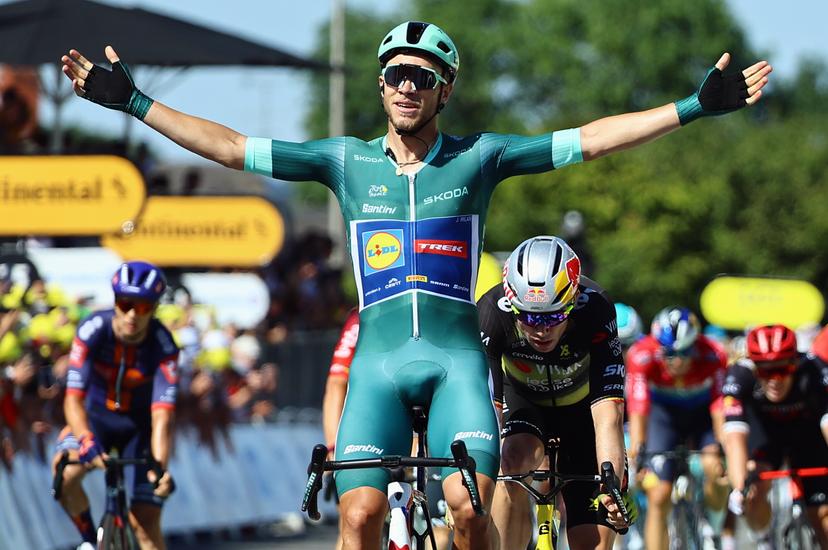 Italian Jonathan Milan of Lidl-Trek celebrates after winning stage eight of the 2025 Tour de France cycling, from Saint-Meen-le-Grand to Laval Espace Mayenne (174 km), on Saturday 12 July 2025 in France. The 112th edition of the Tour de France starts on Saturday 5 July in Lille, France, and will finish in Paris, France on the 27th of July. BELGA PHOTO DAVID PINTENS