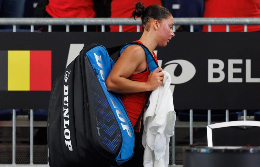 Belgian Sofia Costoulas looks dejected after the first game between Belgian Costoulas and Turkish Aksu in the Billie Jean King Cup Play-offs, between Belgium and Turkey, on Saturday 15 November 2025 in Ismaning, Germany. PHOTO BENOIT DOPPAGNE