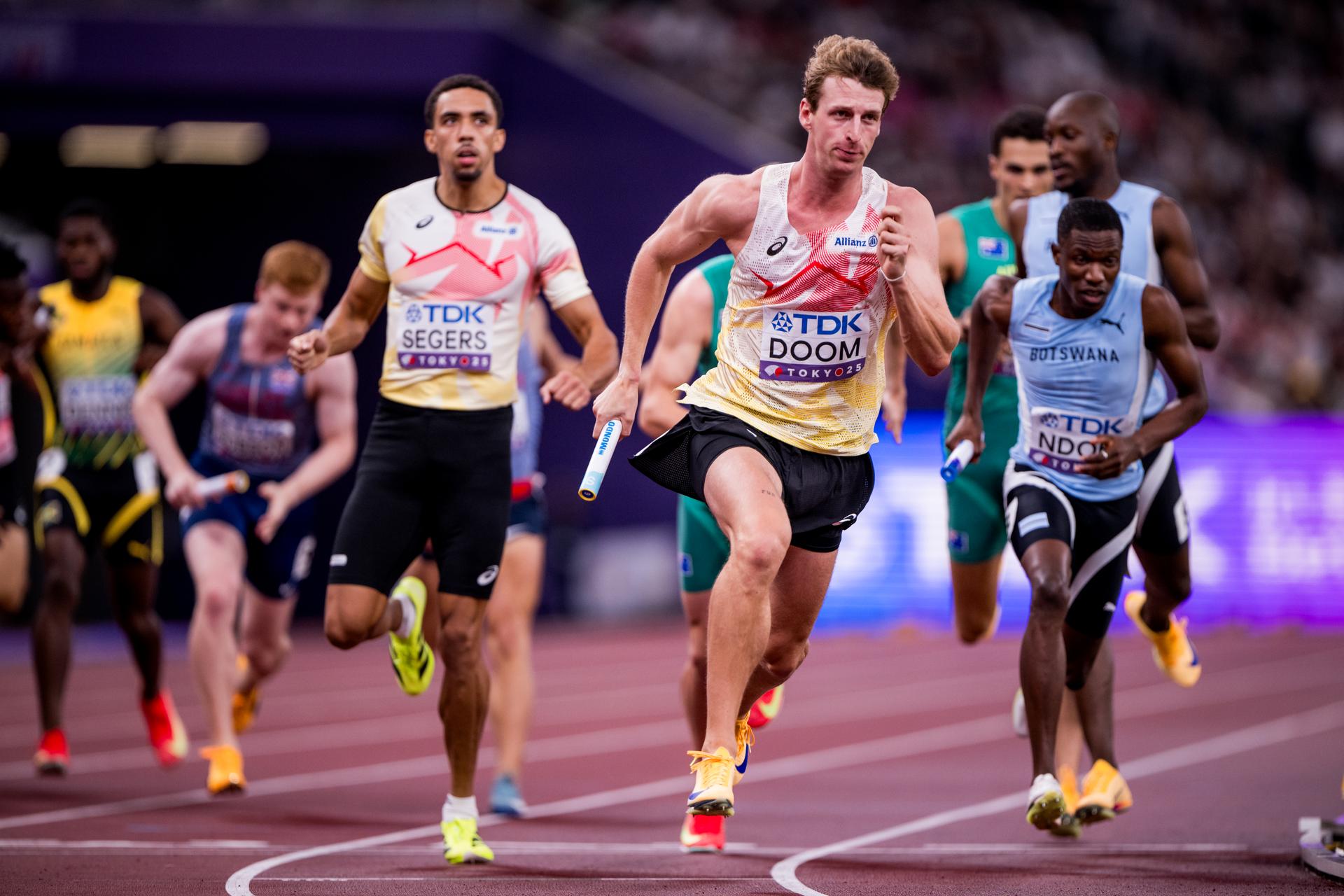 Belgian Daniel Segers and Belgian Alexander Doom pictured in action during the heats of the men's 4x400m relay race, at the World Athletics Championships in Tokyo, Japan, on Saturday 20 September 2025. The outdoor Worlds are taking place from 13 to 21 September. BELGA PHOTO JASPER JACOBS