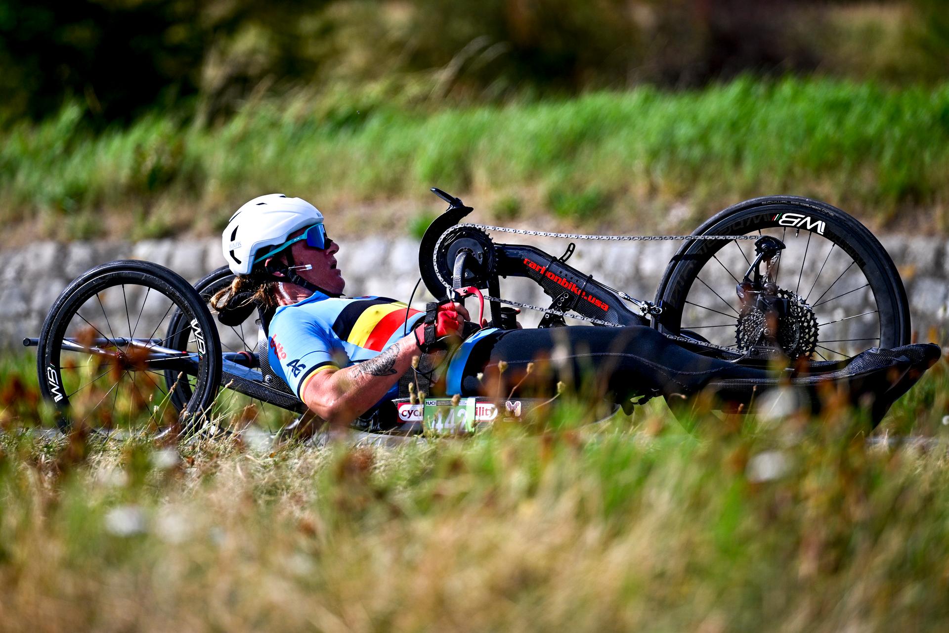 Belgium Laurence Vandevyver (WH3) pictured in action during the individual time trial at the UCI Para-cycling Road World Championships, Thursday 28 August 2025, in Ronse. The UCI Para-Cycling Road World Championships take place from 28 to 31 Augustus in Ronse. BELGA PHOTO JASPER JACOBS
