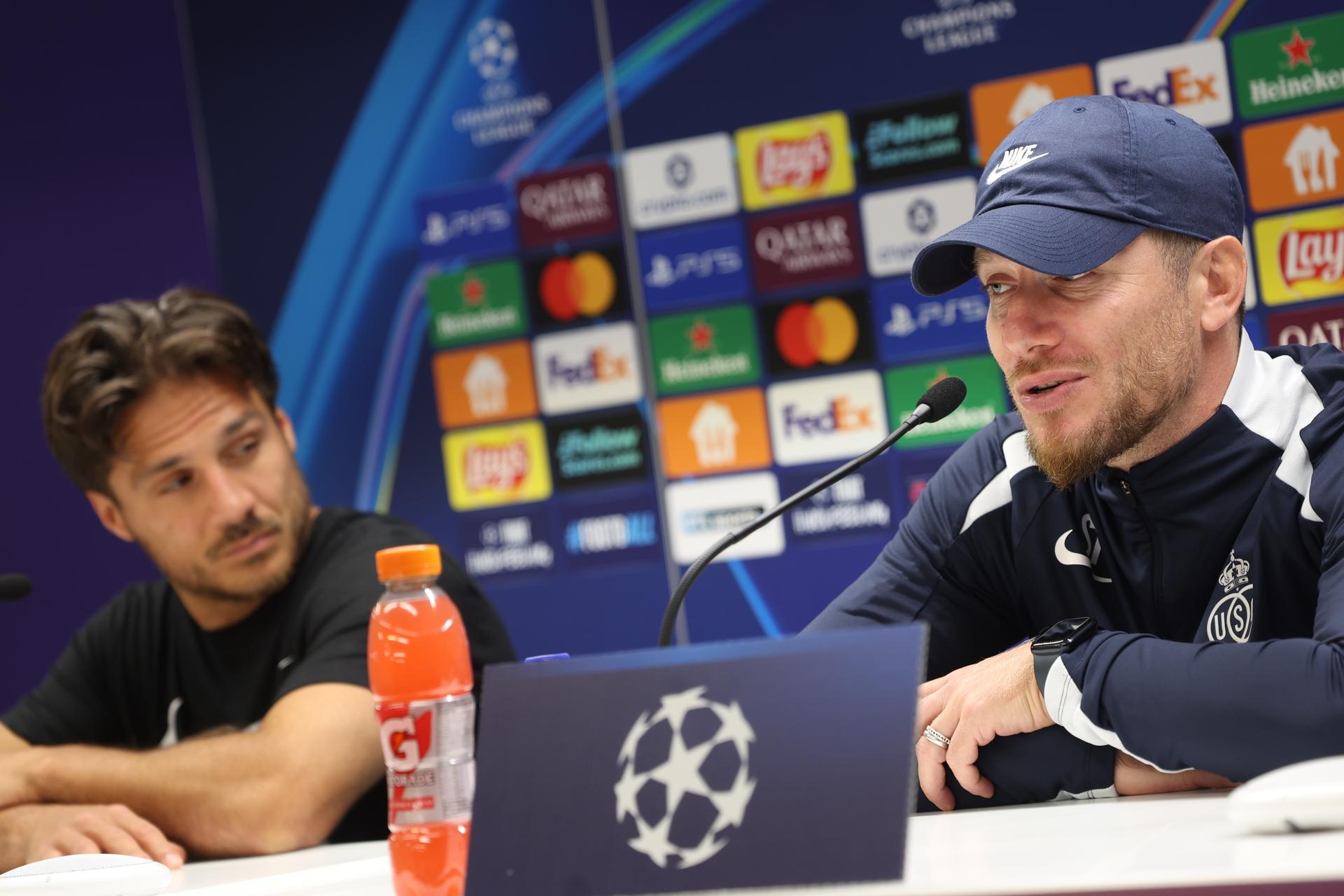 Union's Kevin Mac Allister and Union's head coach Sebastien Pocognoli pictured during a press conference of Belgian soccer team Royale Union Saint-Gilloise in Brussels, on Tuesday 30 September 2025. The team prepares for tomorrow's match against English team Newcastle United FC, on the second day of the League phase of the UEFA Champions League tournament. BELGA PHOTO VIRGINIE LEFOUR