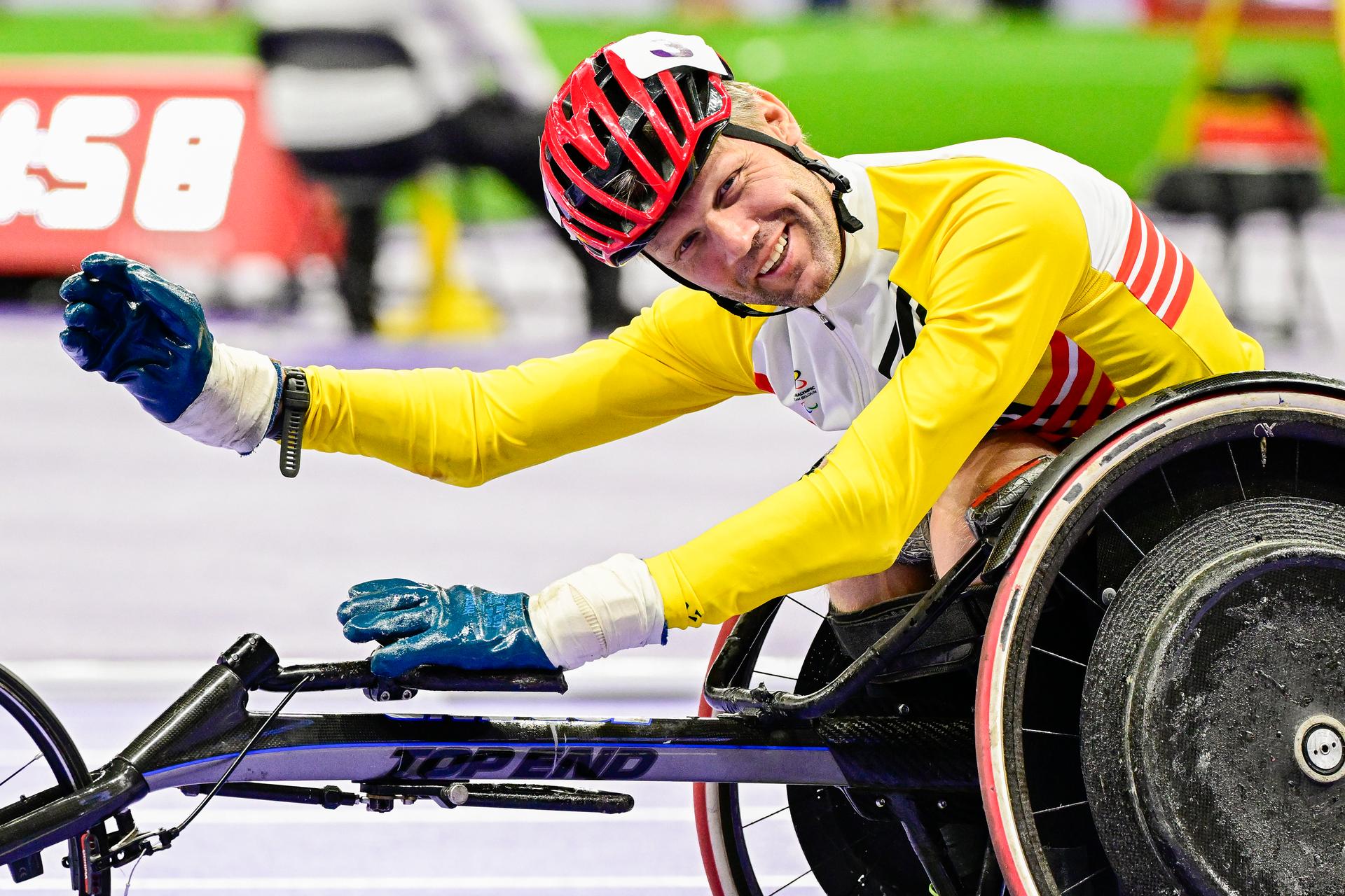 Belgian Peter Genyn celebrates after the final of the men's 100m T51 para athletics event, on day 10 of the 2024 Summer Paralympic Games in Paris, France on Friday 06 September 2024. The 17th Paralympics are taking place from 28 August to 8 September 2024 in Paris. BELGA PHOTO LAURIE DIEFFEMBACQ