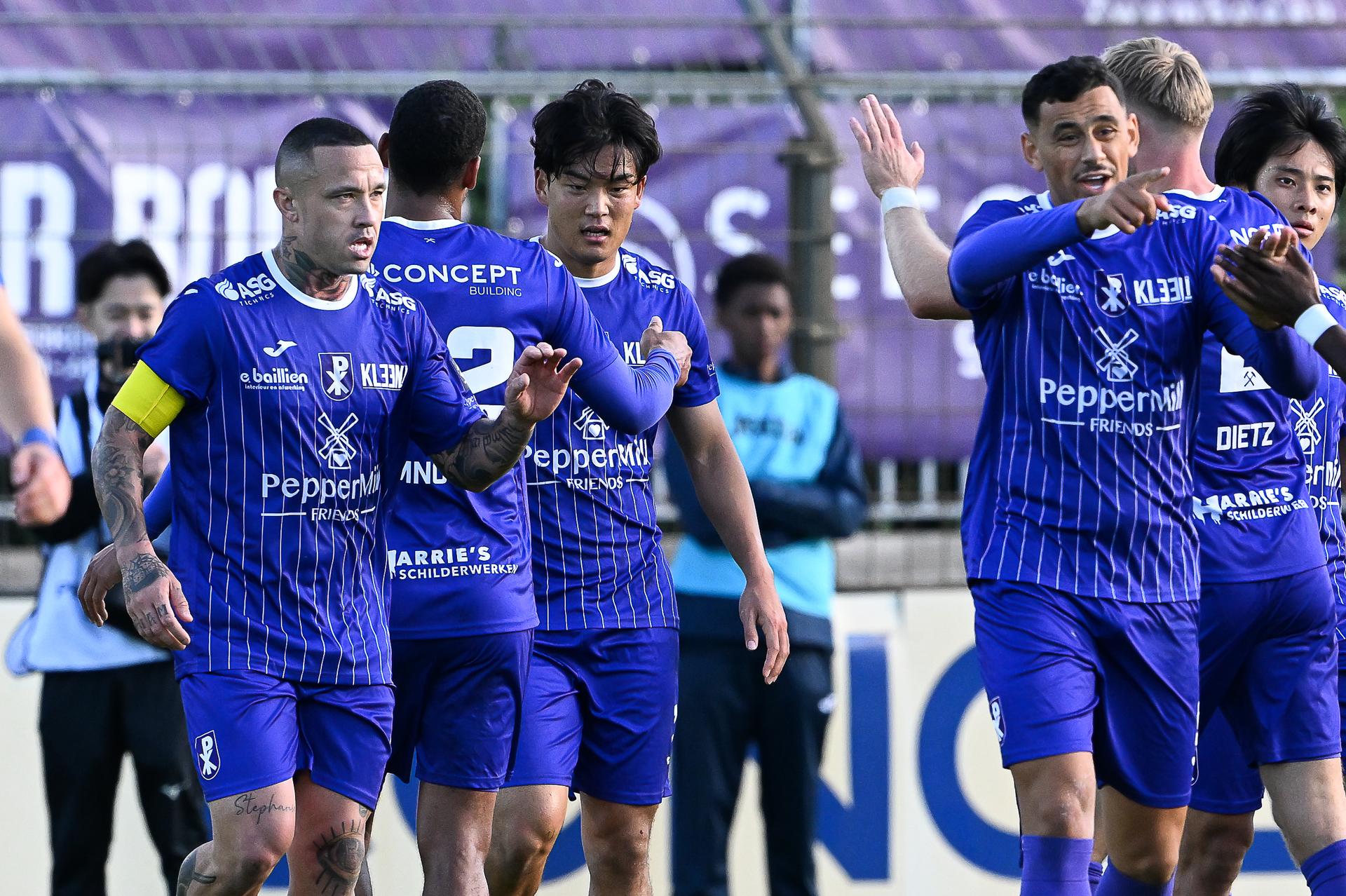 Patro Eisden's Seok-Ju Hong celebrates after scoring during a soccer match between Patro Eisden Maasmechelen and Jong Genk, Sunday 11 October 2026 in Maasmechelen, on day 7 of the 2026-2027 'Challenger Pro League' second highest division of the Belgian championship. BELGA PHOTO JILL DELSAUX