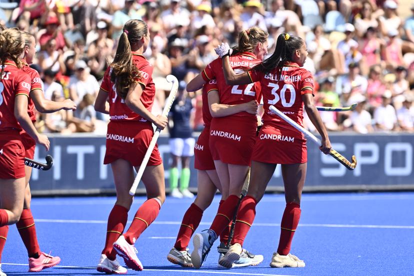 Belgium's Red Panthers standing together during a hockey game between Belgian national team Red Panthers and Spain, match 1/3 in the pool stage of the 2025 women's European championships, Sunday 10 August 2025 in Monchengladbach, Germany.  BELGA PHOTO ERIC LALMAND