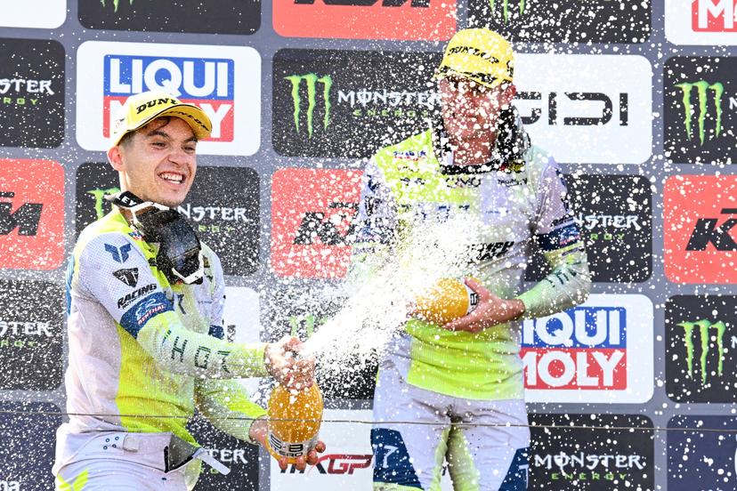 Spanish Guillem Farres and South-African Camden McLellan  celebrate on the podium after the motocross MX2 Grand Prix Flanders, race 14/20 of the FIM Motocross World Championship, Sunday, August 2, 2026, in Lommel. BELGA PHOTO JILL DELSAUX