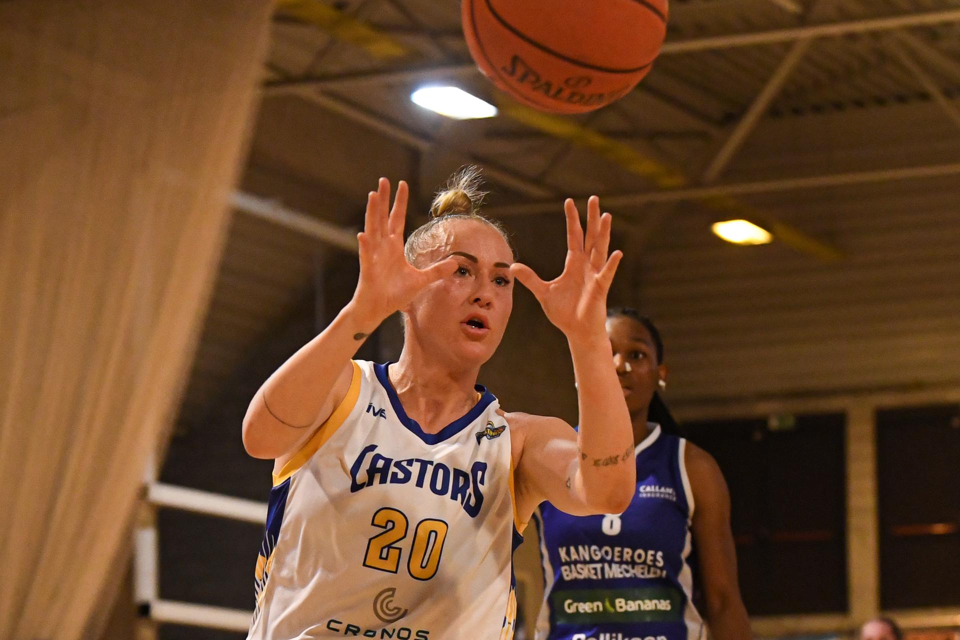 Castors' Santa Okockyte pictured in action during a basketball match between Royal Castors Braine and Kangoeroes Mechelen, Tuesday 22 April 2025, in Braine-l'Alleud, a 3rd leg best-of-3 game in the play-offs finals of the Women's Top Division Belgian basketball competition. BELGA PHOTO JILL DELSAUX