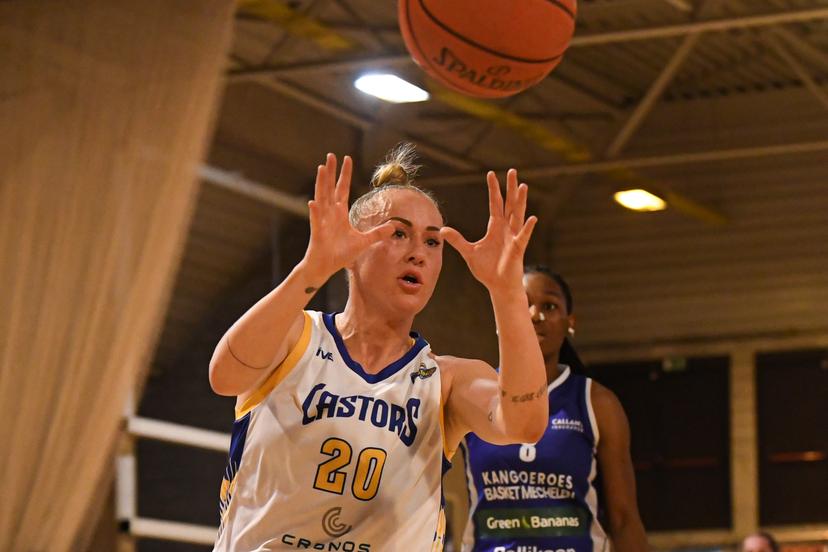 Castors' Santa Okockyte pictured in action during a basketball match between Royal Castors Braine and Kangoeroes Mechelen, Tuesday 22 April 2025, in Braine-l'Alleud, a 3rd leg best-of-3 game in the play-offs finals of the Women's Top Division Belgian basketball competition. BELGA PHOTO JILL DELSAUX