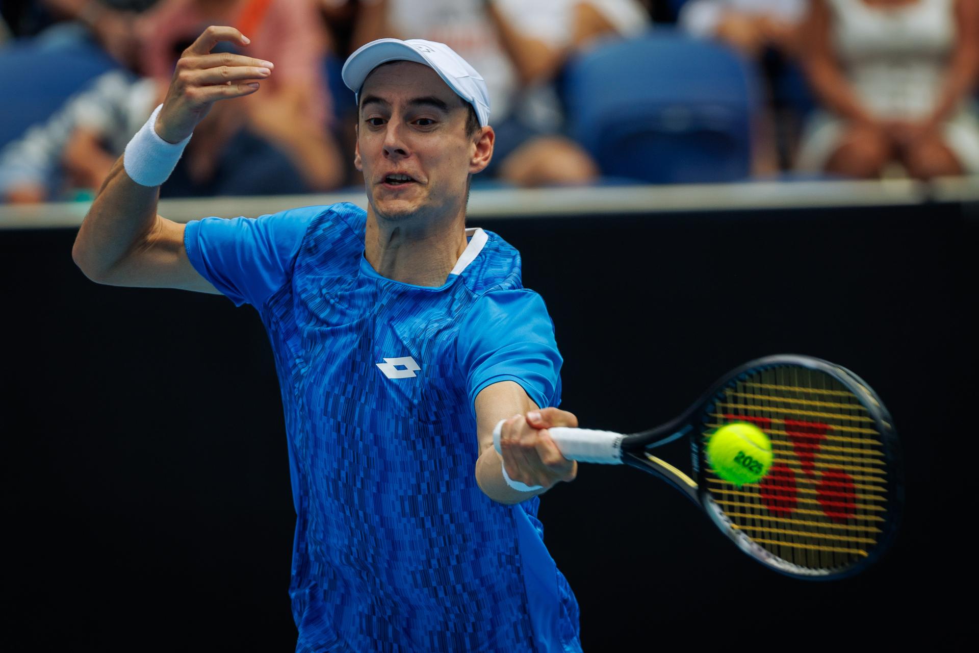 Belgian Joran Vliegen pictured during a doubles tennis match between Belgian-Australian pair Vliegen-Ebden and American pair Krajicek-Ram, in the first round of the men's doubles at the 'Australian Open' Grand Slam tennis tournament, Friday 17 January 2025 in Melbourne Park, Melbourne, Australia. The 2025 edition of the Australian Grand Slam takes place from January 12th to January 26th. BELGA PHOTO PATRICK HAMILTON BELGIUM ONLY