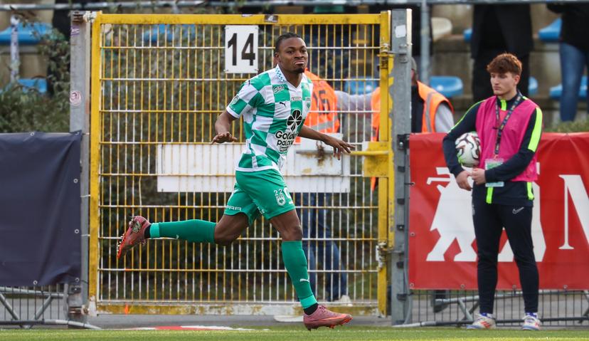 RAAL's Jerry Afriyie celebrates after scoring during a soccer match between Royale Union Saint-Gilloise and RAAL La Louviere, Sunday 08 February 2026 in Brussels, on day 24 of the 2025-2026 'Jupiler Pro League' first division of the Belgian championship. BELGA PHOTO VIRGINIE LEFOUR