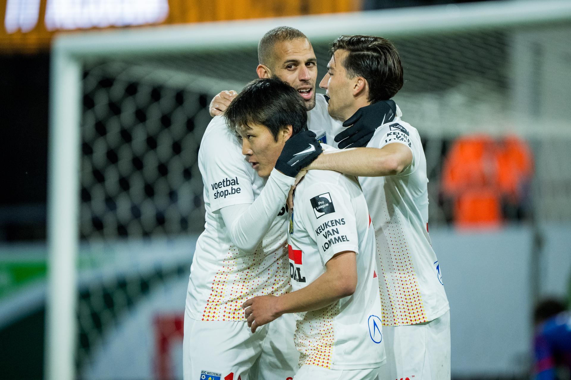 Westerlo's Isa Sakamoto celebrates after scoring during a soccer match between KV Mechelen and KVC Westerlo, Tuesday 22 April 2025 in Mechelen, on day 5 (out of 10) of the Europe Play-offs of the 2024-2025 'Jupiler Pro League' first division of the Belgian championship. BELGA PHOTO JASPER JACOBS