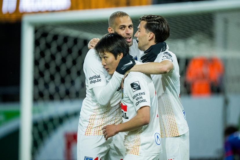 Westerlo's Isa Sakamoto celebrates after scoring during a soccer match between KV Mechelen and KVC Westerlo, Tuesday 22 April 2025 in Mechelen, on day 5 (out of 10) of the Europe Play-offs of the 2024-2025 'Jupiler Pro League' first division of the Belgian championship. BELGA PHOTO JASPER JACOBS