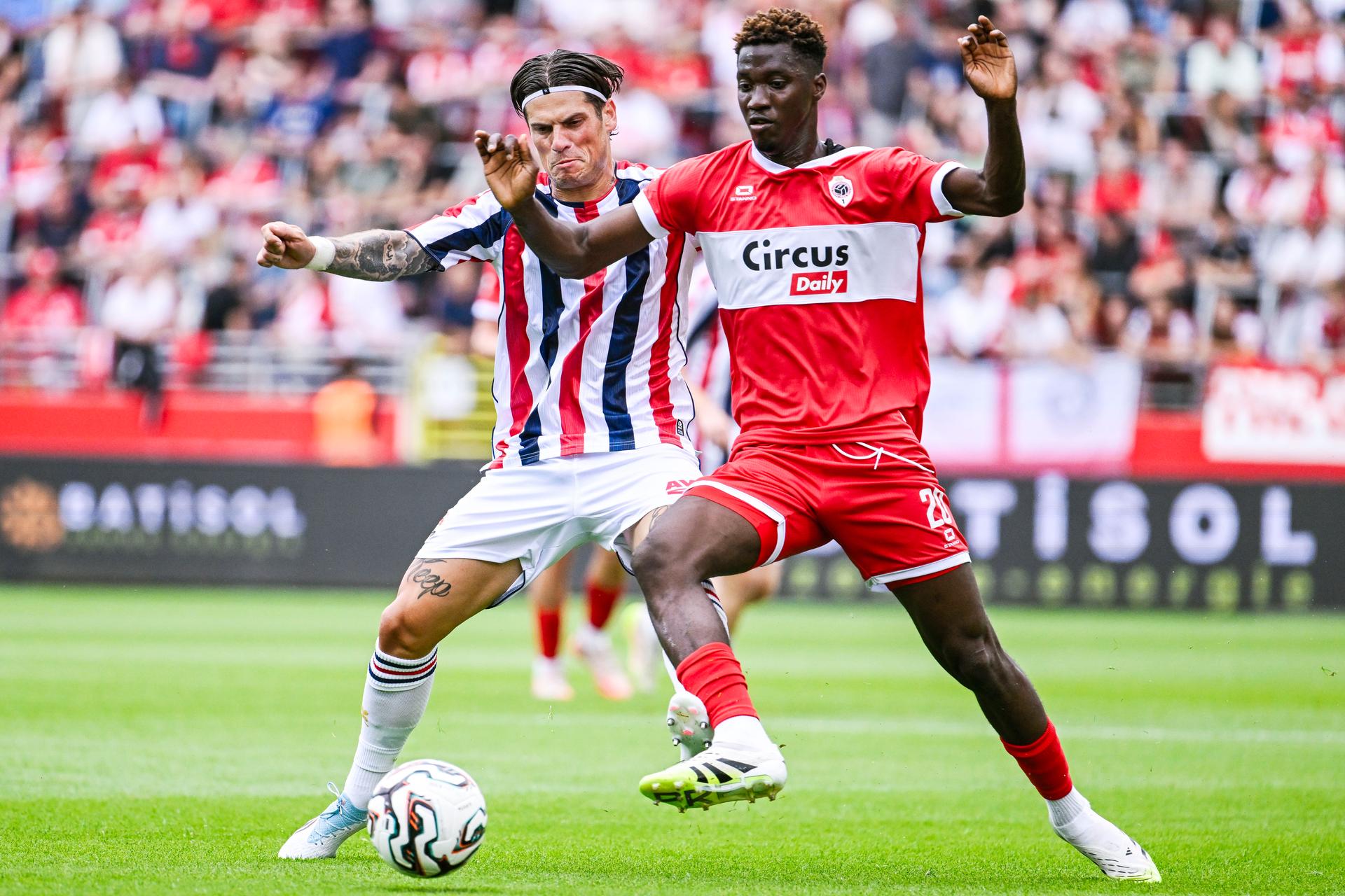 Willem II's Mickael Tirpan and Antwerp's Mahamadou Doumbia pictured in action during a friendly soccer game between Belgian soccer team Royal Antwerp FC and Willem II - Willem 2 on Saturday 19 July 2025, in Antwerp. The team is preparing for the upcoming 2025-2026 first division season. BELGA PHOTO TOM GOYVAERTS
