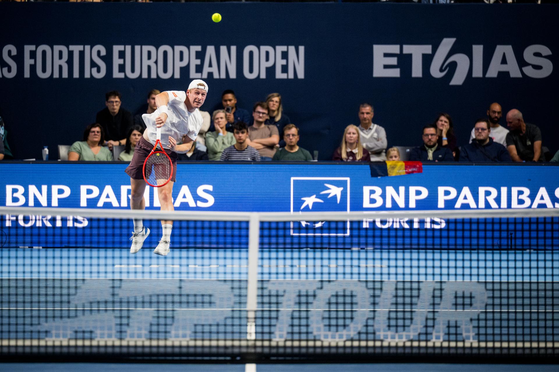 Gauthier Onclin of Belgium pictured in action during the European Open ATP tennis tournament in Brussels, on Sunday 18 October. This year's edition of the tournament is taking place from 17 to 25 October BELGA PHOTO JASPER JACOBS