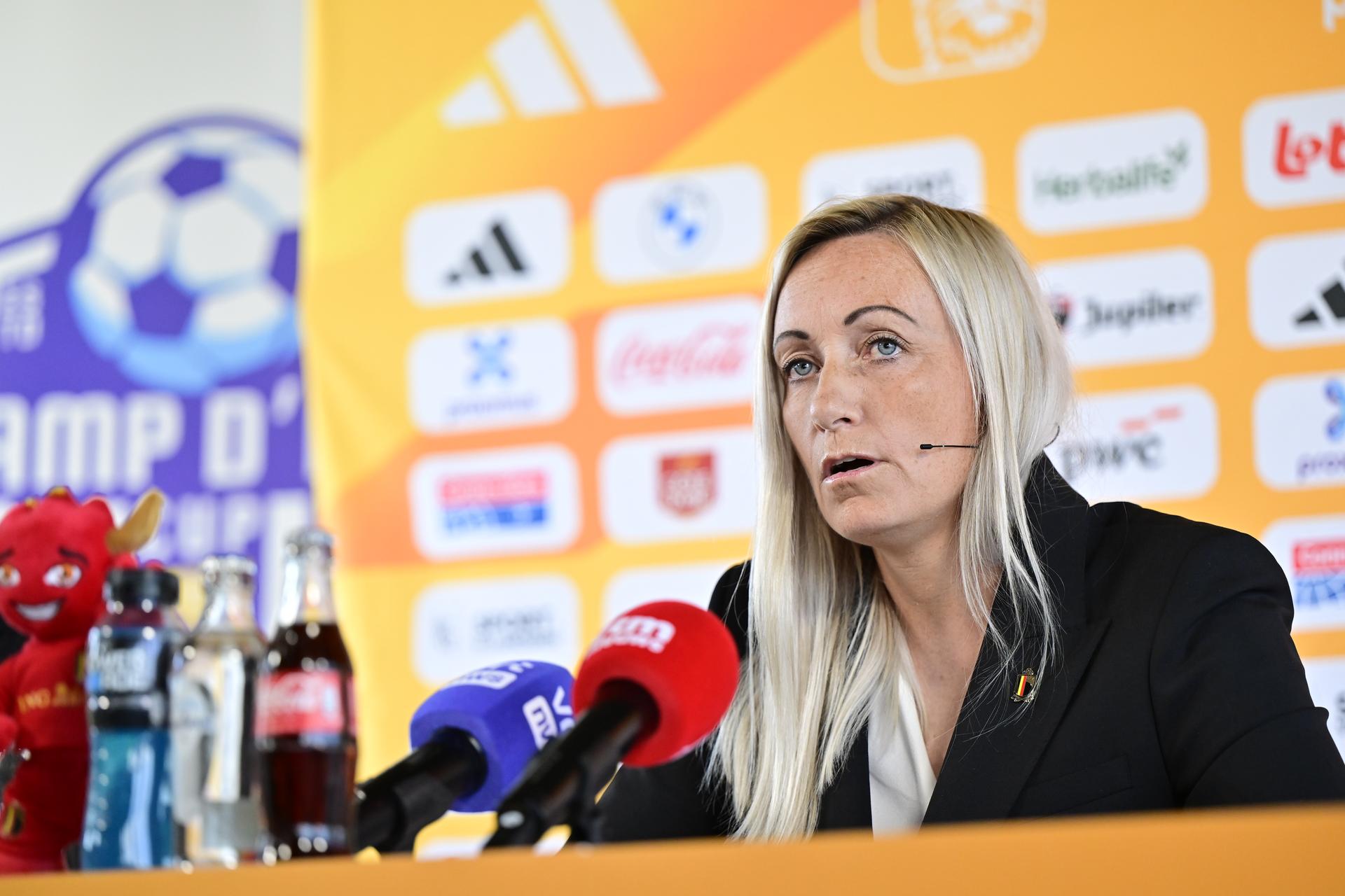 Belgium's head coach Elisabet Gunnarsdottir pictured during a press event of Belgium's national women's team the Red Flames ahead of European Championships in Switzerland, on Tuesday 10 June 2025 in Asse. BELGA PHOTO DIRK WAEM
