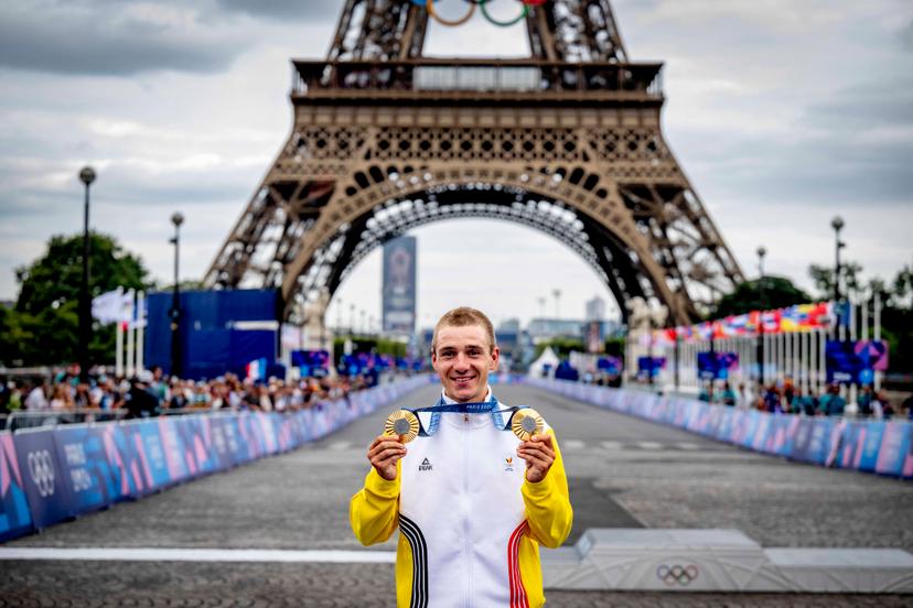 Gold medalist Remco Evenepoel of Team Belgium poses on the podium with his gold medals of Individual Time Trial and Road Race during the Men's Road Race on day eight of the Paris 2024 Summer Olympic Games at Trocadero on August 3, 2024 in Paris, France. Photo by Robin Utrecht/ABACAPRESS.COM BENELUX ONLY