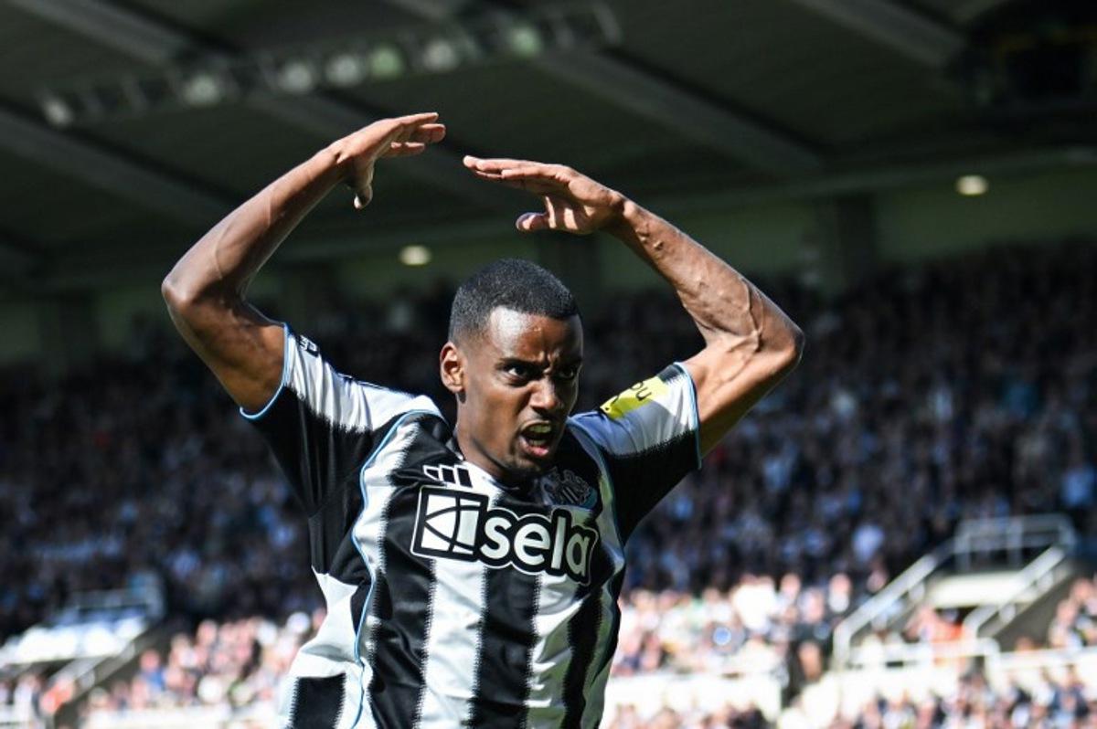 Newcastle United's Swedish striker #14 Alexander Isak reacts after a missed chance during the English Premier League football match between Newcastle United and Everton at St James' Park in Newcastle-upon-Tyne, north east England on May 25, 2025.  ANDY BUCHANAN / AFP
