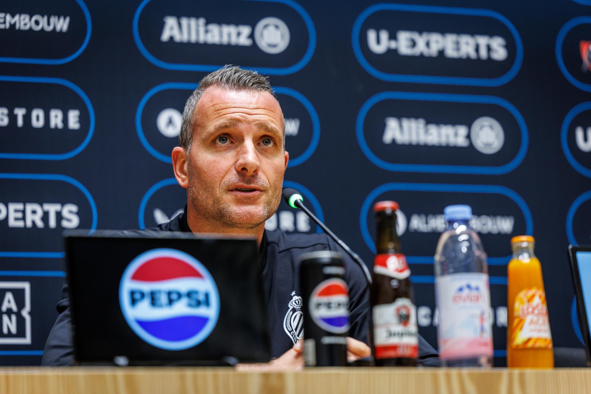 Club's head coach Nicky Hayen pictured during a press conference of Belgian soccer Club Brugge KV, Friday 23 May 2025 in Brugge, regarding their game on Sunday against Royal Antwerp FC. BELGA PHOTO KURT DESPLENTER