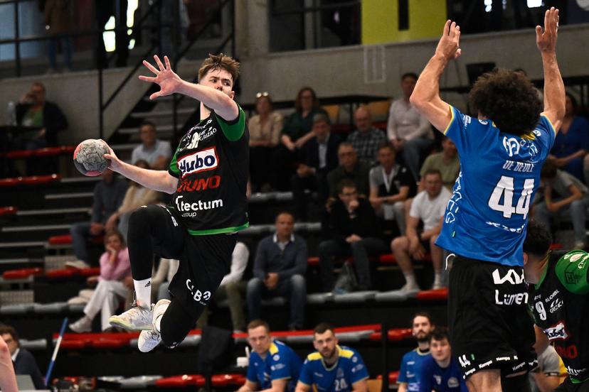 Hubo Hasselt's Jean Dupont pictured in action during a handball game between Hubo handbal Hasselt and Achilles Bocholt, Saturday 19 April 2025, in Hasselt, the men's final of the Belgian handball cup. BELGA PHOTO JOHAN EYCKENS