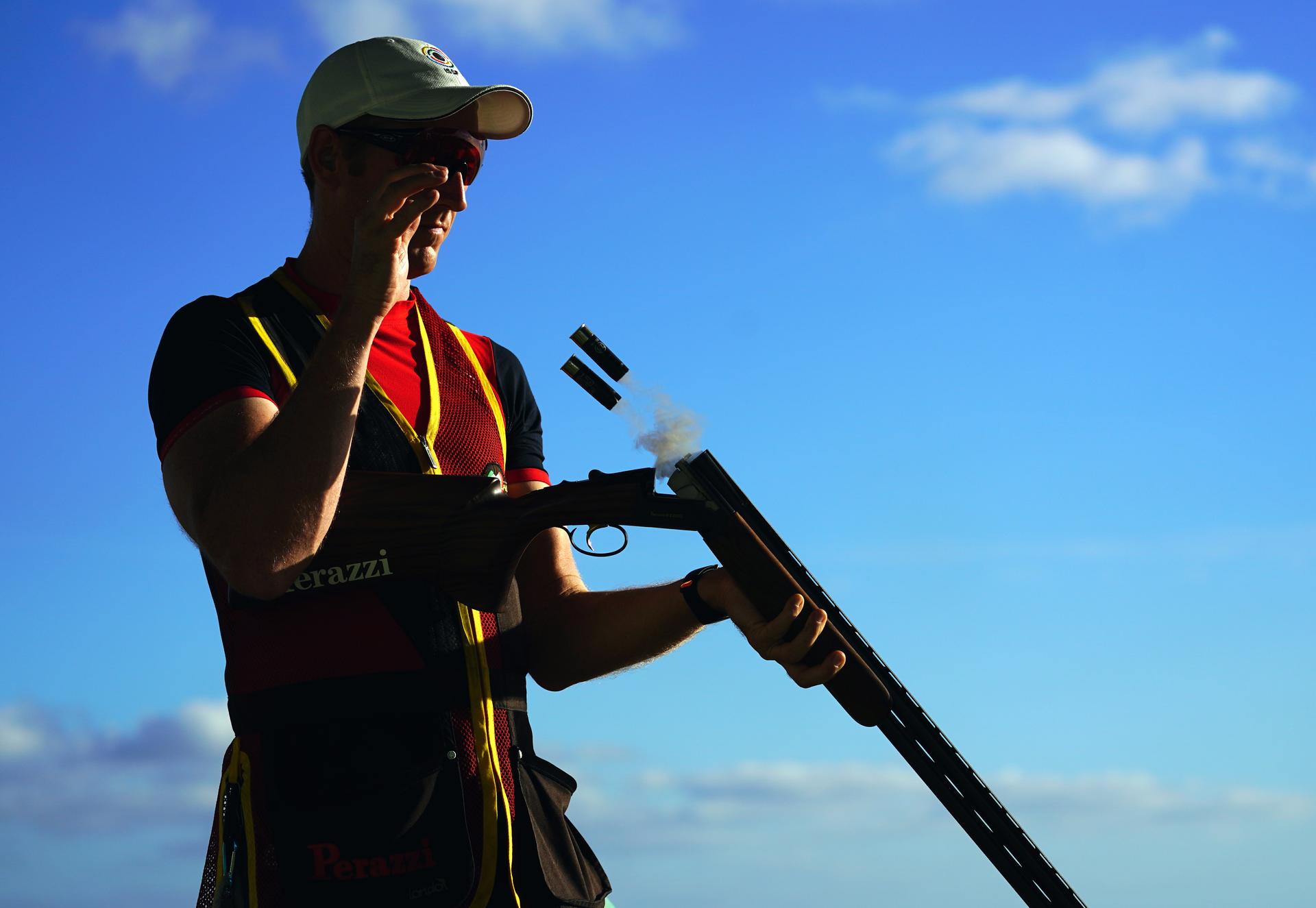 Belgian clay shooting athlete Yannick Peeters pictured in action during the BOIC-COIB Belgian Olympic Committee sports camp, Tuesday 14 November 2017, in Lanzarote, Spain. BELGA PHOTO ERIC LALMAND