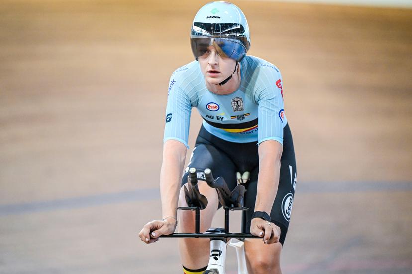 Belgian Marith Vanhove pictured in action during a training session of the delegation for the upcoming World Track Cycling Championships, Tuesday 14 October 2025 in Gent. The competition will take place in Santiago, Chile, from 22 to 26 October 2025. BELGA PHOTO TOM GOYVAERTS