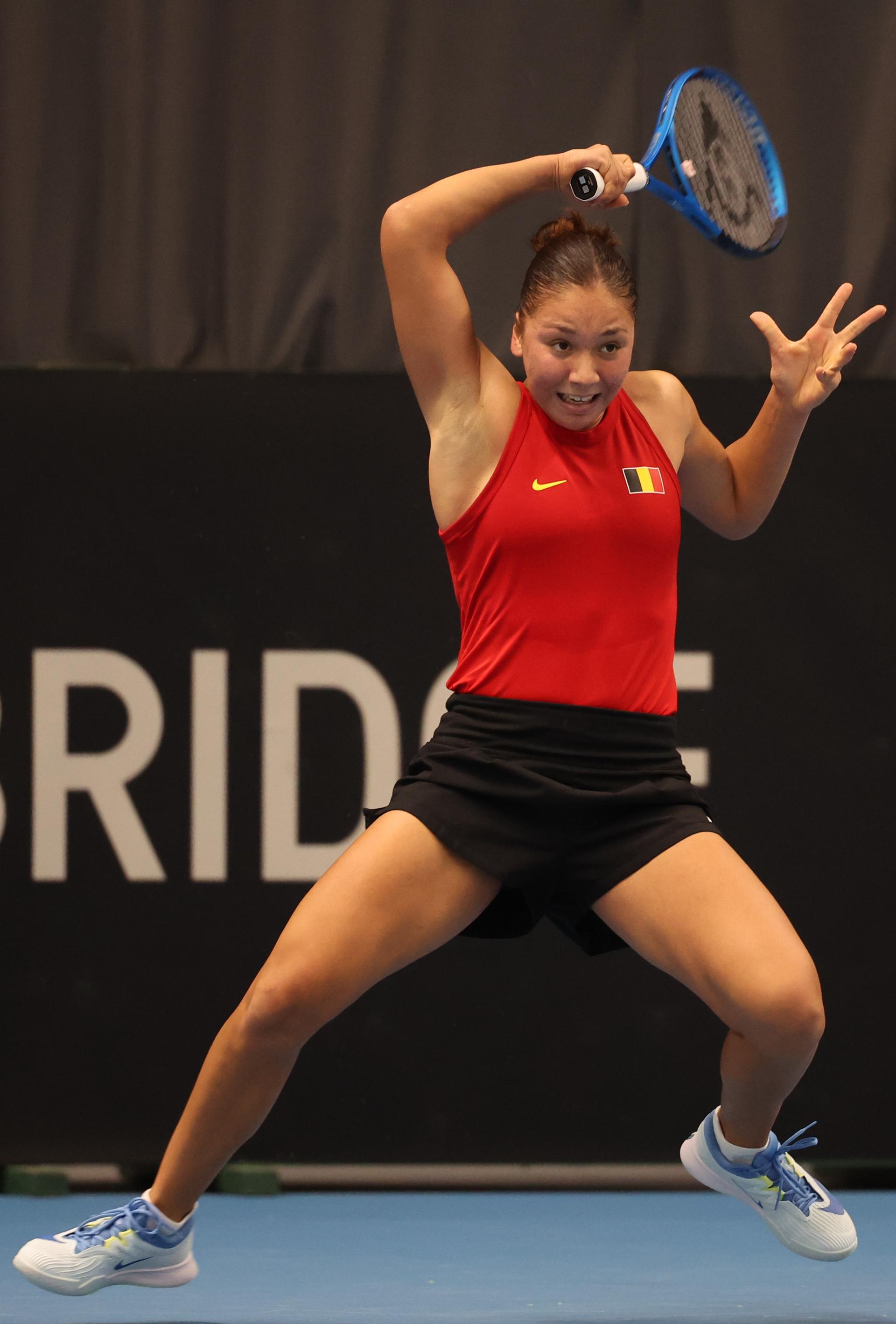 Belgian Sofia Costoulas pictured in action during a tennis match between Belgian Costoulas and Hungarian Toth, in the meeting between Belgium and Hungary in the pool phase of the Europe/Africa Group I of the Billie Jean King Cup tennis, in Vilnius, Lithuania on Wednesday 09 April 2025. PHOTO VIRGINIE LEFOUR PHOTO VIRGINIE LEFOUR