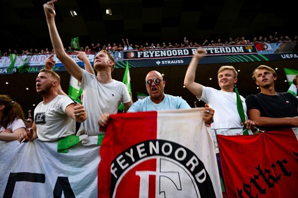 Feyenoord fans cheer prior to the UEFA Europa Conference League final football match between AS Roma and Feyenoord at the Air Albania Stadium in Tirana on May 25, 2022.  OZAN KOSE / AFP