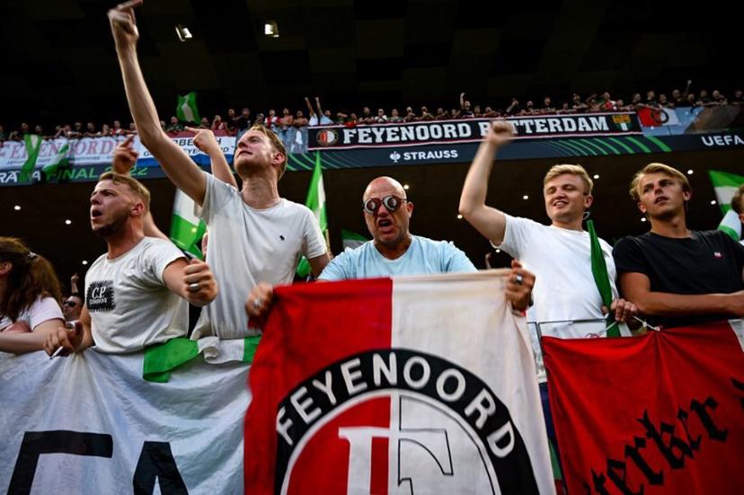 Feyenoord fans cheer prior to the UEFA Europa Conference League final football match between AS Roma and Feyenoord at the Air Albania Stadium in Tirana on May 25, 2022.  OZAN KOSE / AFP