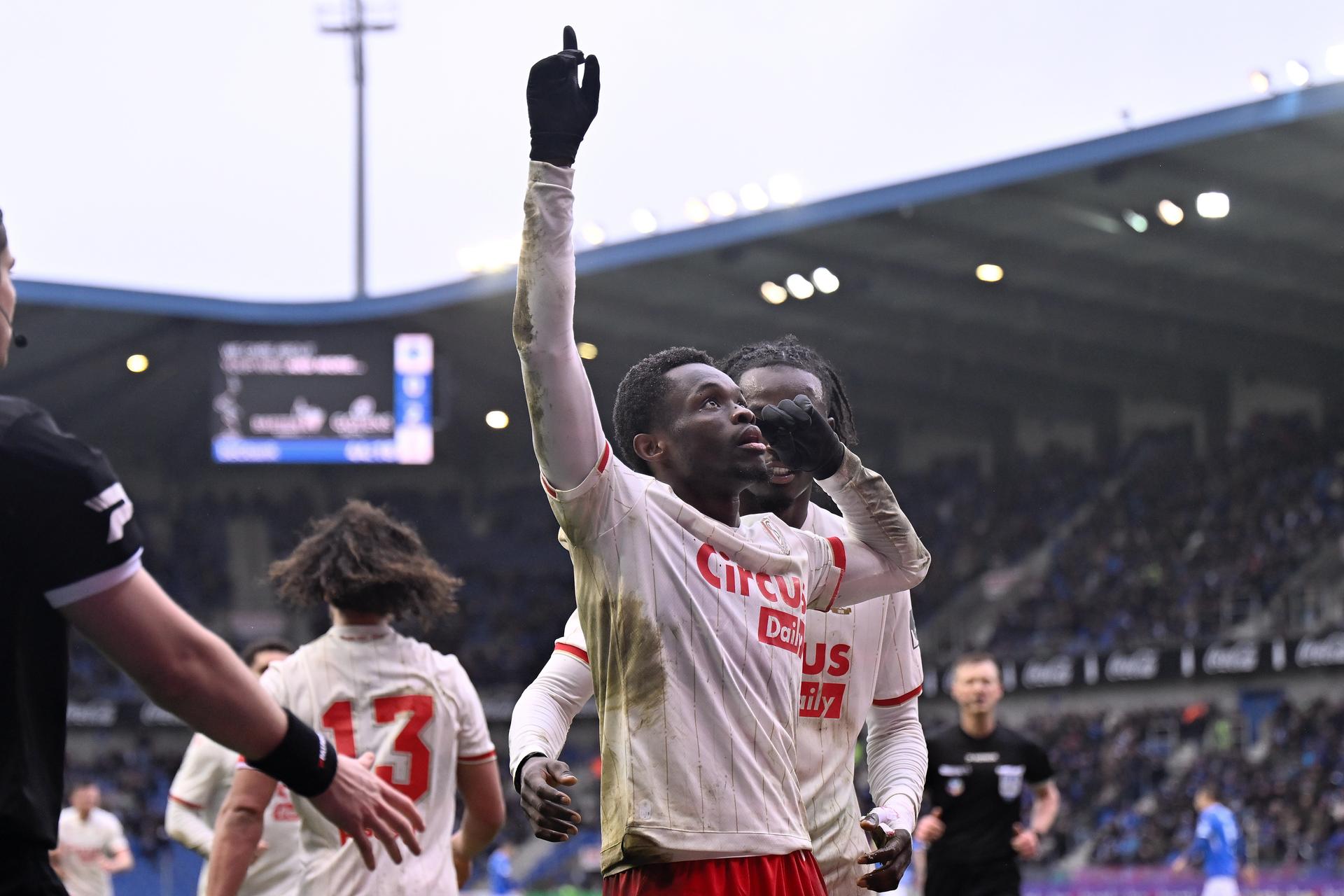 Standard's Rafiki Said celebrates after scoring during a soccer match between KRC Genk and Standard de Liege, Sunday 22 February 2026 in Genk, a game of day 26 of the 2025-2026 'Jupiler Pro League' first division of the Belgian championship. BELGA PHOTO JOHAN EYCKENS