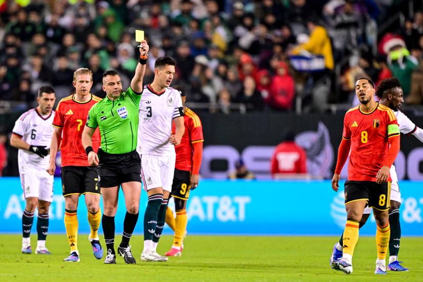 Belgium's Youri Tielemans receives a yellow card from the referee during a friendly soccer game between the Mexican national team and Belgian national soccer team Red Devils in Chicago, on Wednesday 01 April 2026, in preparation for the 2026 World Cup. BELGA PHOTO DIRK WAEM