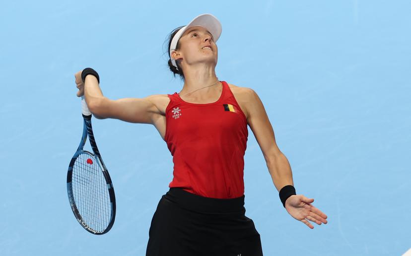Begian Jana Otzipka pictured in action during a tennis match between Ukrainian Kalinina and Belgian Otzipka, the first rubber in the tie between Belgium and Ukraine in the Quarter Finals of the Billie King Cup tournament, on Thursday 24 September 2026 in Shenzhen, China. BELGA PHOTO VIRGINIE LEFOUR