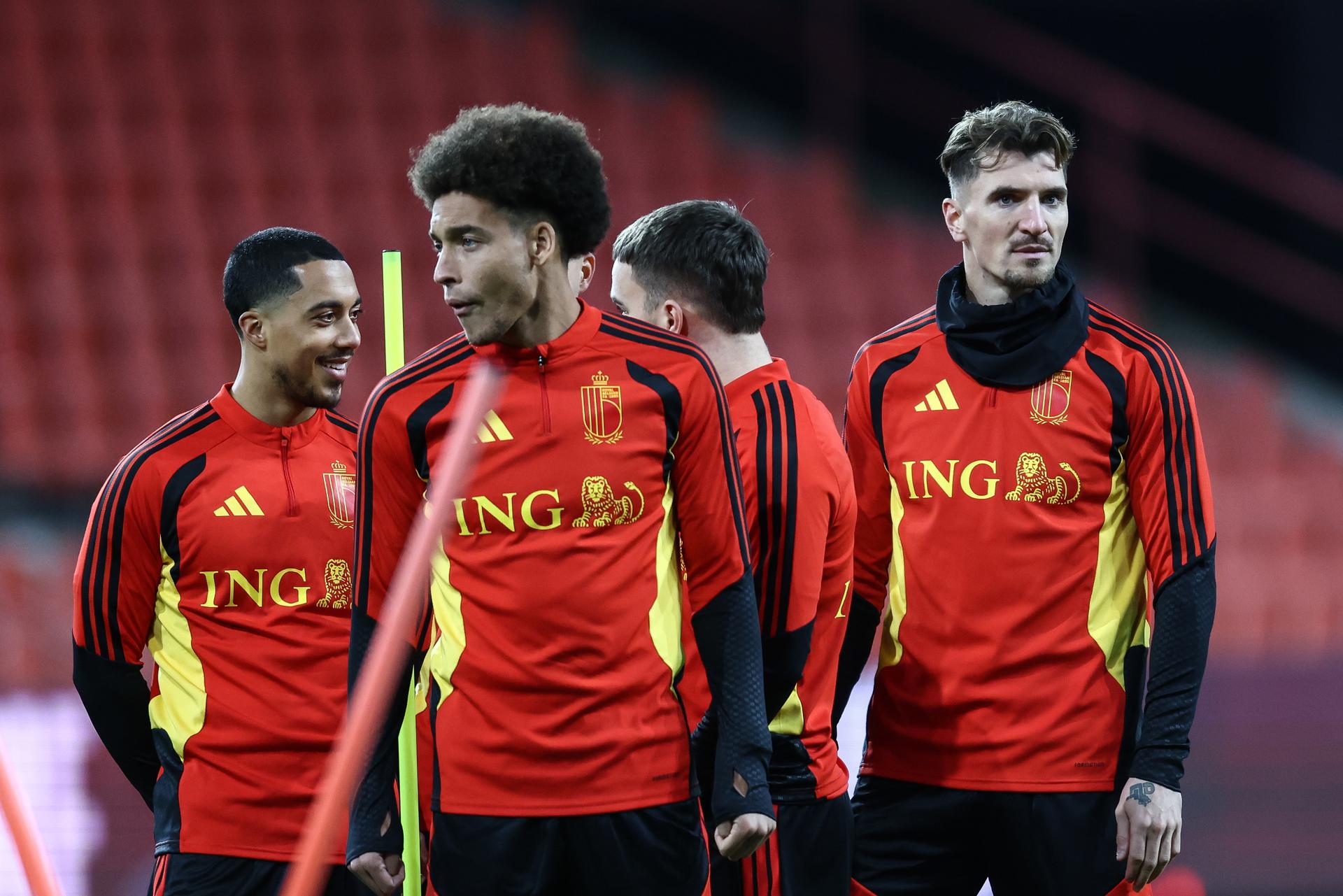 Belgium's Youri Tielemans, Belgium's Axel Witsel and Belgium's Thomas Meunier pictured during a training session of the Red Devils, the Belgian national soccer team, in Liege on Monday 17 November 2025. The team is preparing for its last World Cup 2026 qualification match against Liechtenstein tomorrow. BELGA PHOTO BRUNO FAHY