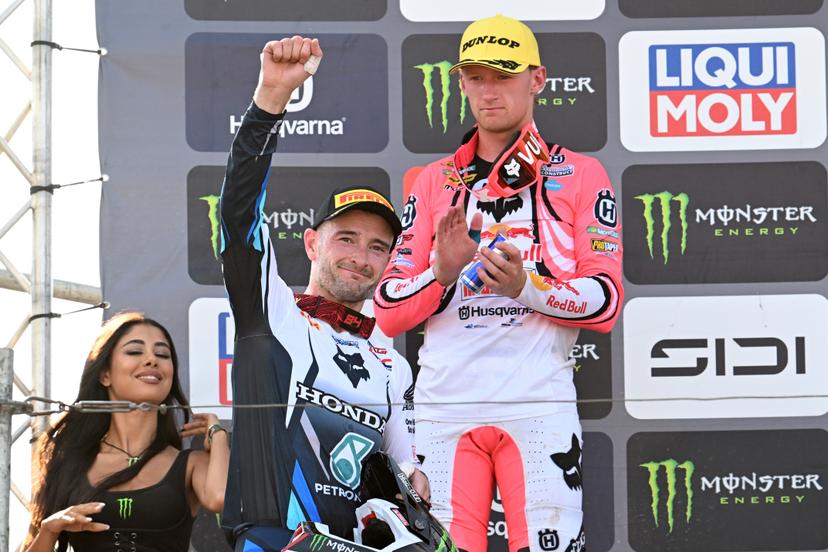 Dutch Jeffrey Herlings celebrates on the podium after winning the motocross MXGP Grand Prix Flanders, race 14/20 of the FIM Motocross World Championship, Sunday, August 2, 2026, in Lommel. BELGA PHOTO JILL DELSAUX