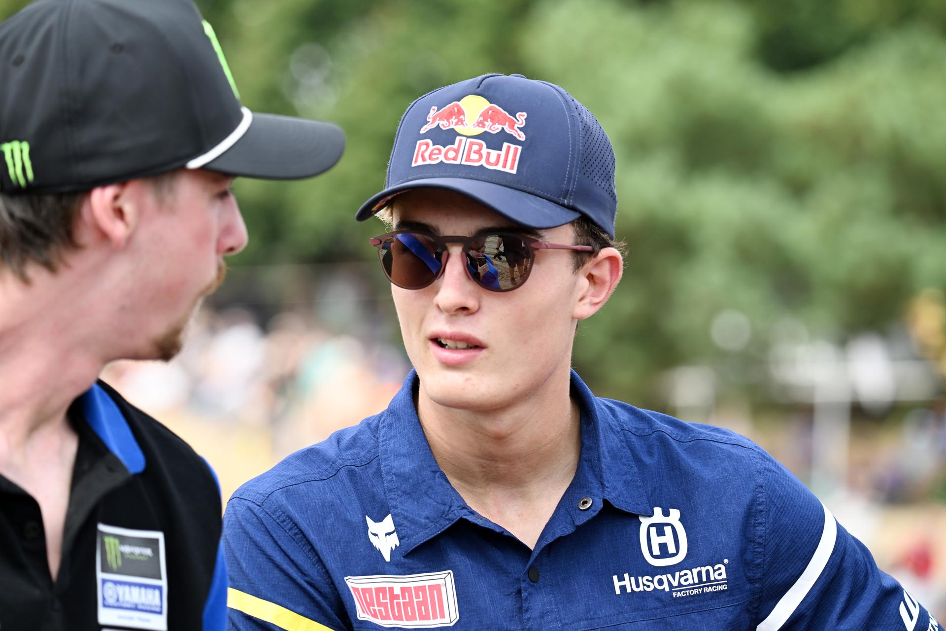 Belgian Jago Geerts and Belgian Lucas Coenen pictured during the sixth stage (6 of 10) of the the Belgian Championships motocross, at Keiheuvel, in Balen, Thursday 15 August 2024. BELGA PHOTO MAARTEN STRAETEMANS