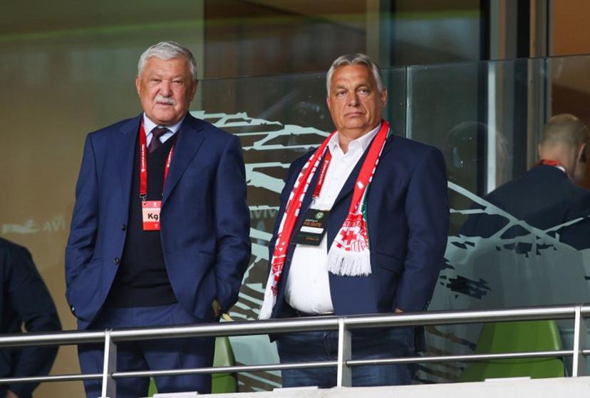 Prime Minister of Hungary Victor Orban and Hungarian football President Sandor Csanyi look on before the 2026 World Cup Group F qualifier football match between Republic of Ireland and Hungary, at Aviva Stadium, in Dublin, on September 6, 2025.   Paul Faith / AFP