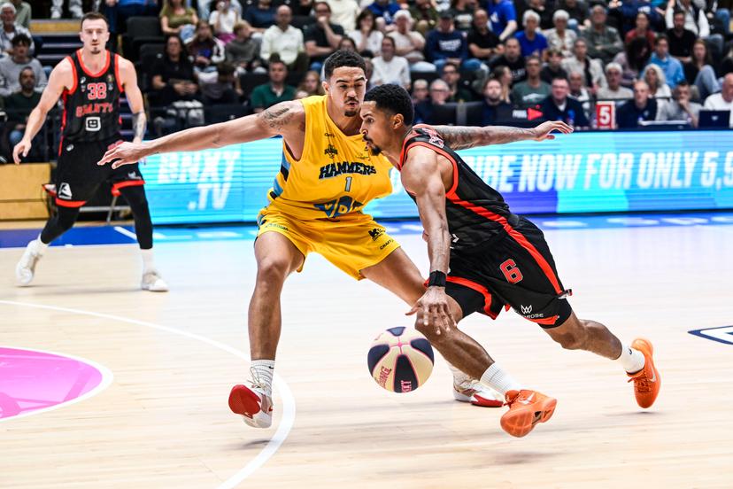 Landstede's Trae Taylor and Antwerp's Noël Coleman pictured in action during a basketball match between Landstede Hammers and Antwerp Giants, Saturday 26 September 2026 in Zwolle, The Netherlands. The BNXT Supercup is played by the national champion of The Netherlands and Belgium during the previous season. BELGA PHOTO TOM GOYVAERTS