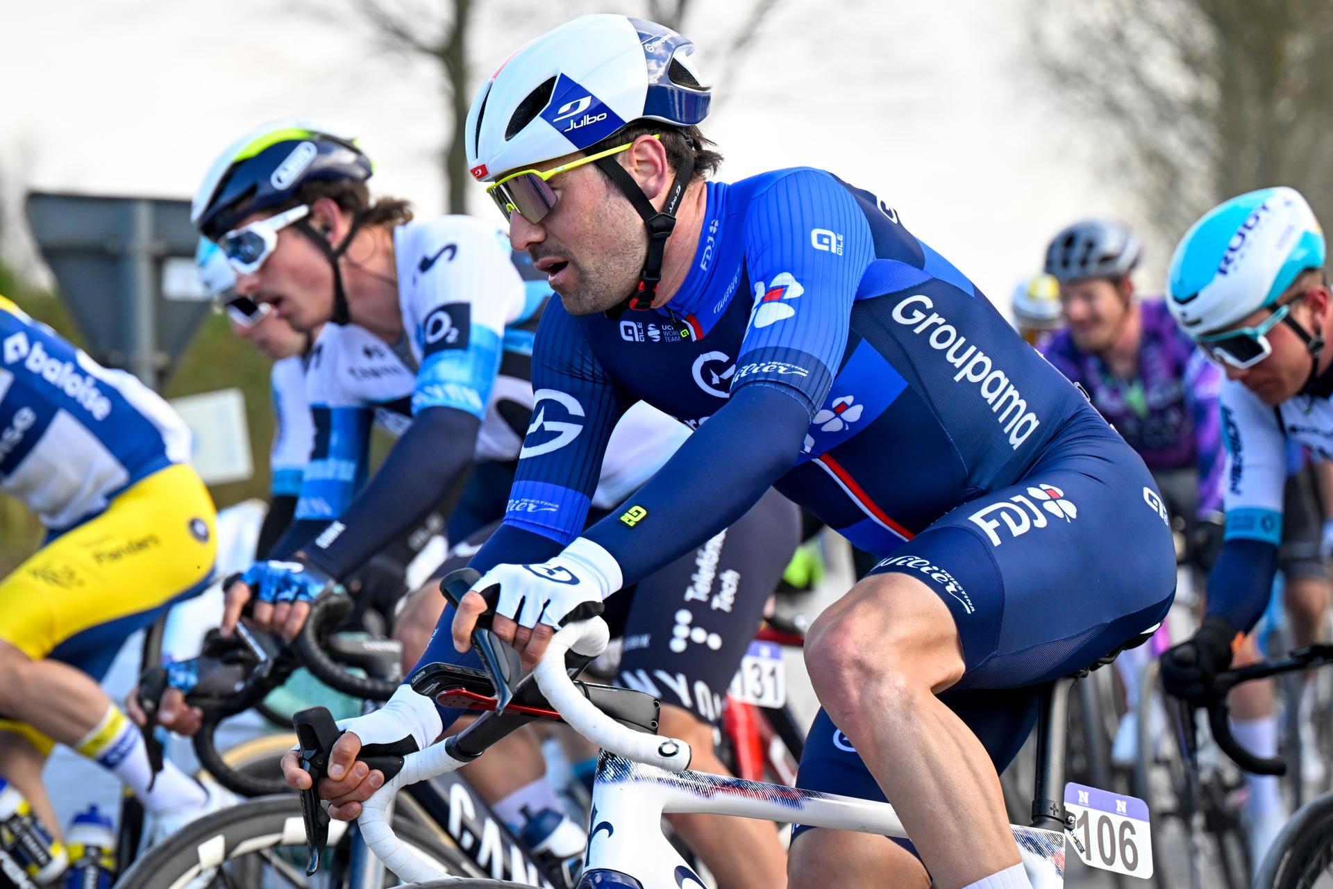 French Olivier Le Gac of Groupama-FDJ pictured in action during the men's one-day cycling race Omloop Het Nieuwsblad (UCI World Tour), 197 km from Gent to Ninove, Saturday 01 March 2025. BELGA PHOTO JASPER JACOBS