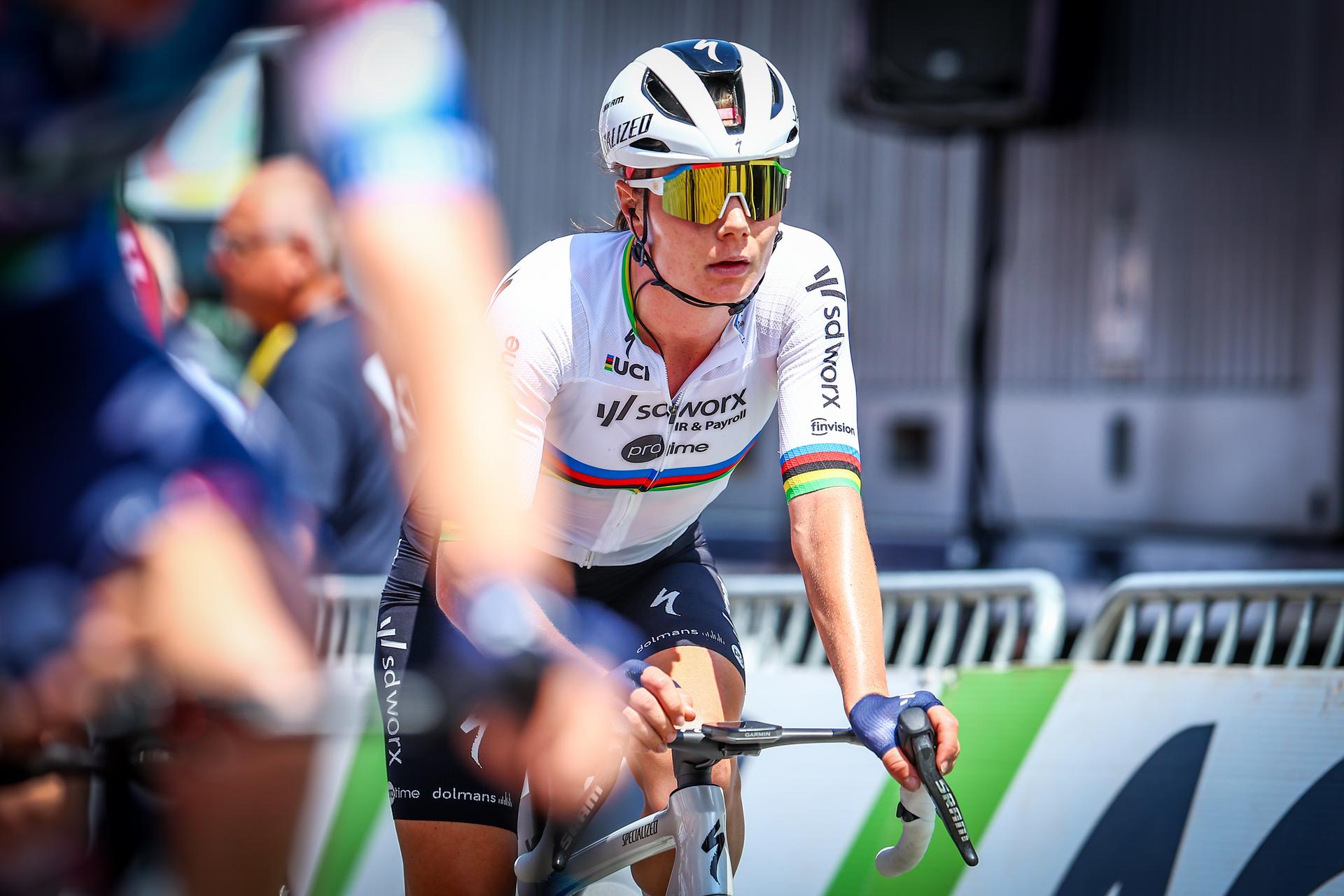 Belgian Lotte Kopecky of SD Worx-Protime looks dejected as she crosses the finish line of the women's elite road race of the Belgian Cycling Championships, 132,8 km from and to the Grand Place square in Binche on Sunday 29 June 2025. BELGA PHOTO DAVID PINTENS