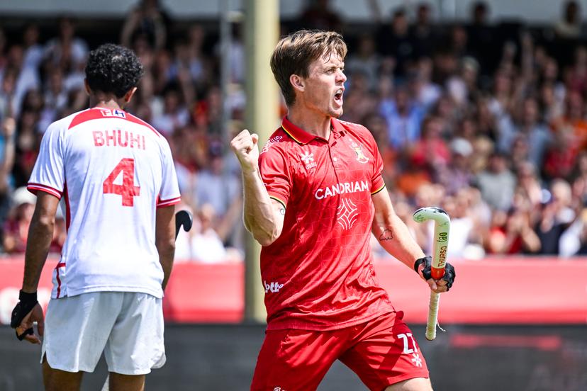 Belgium's Tom Boon celebrates after scoring during a hockey game between Belgian national team Red Lions and England, match 16/16 in the group stage of the 2025 men's FIH Pro League, Sunday 29 June 2025 in Antwerp. BELGA PHOTO TOM GOYVAERTS