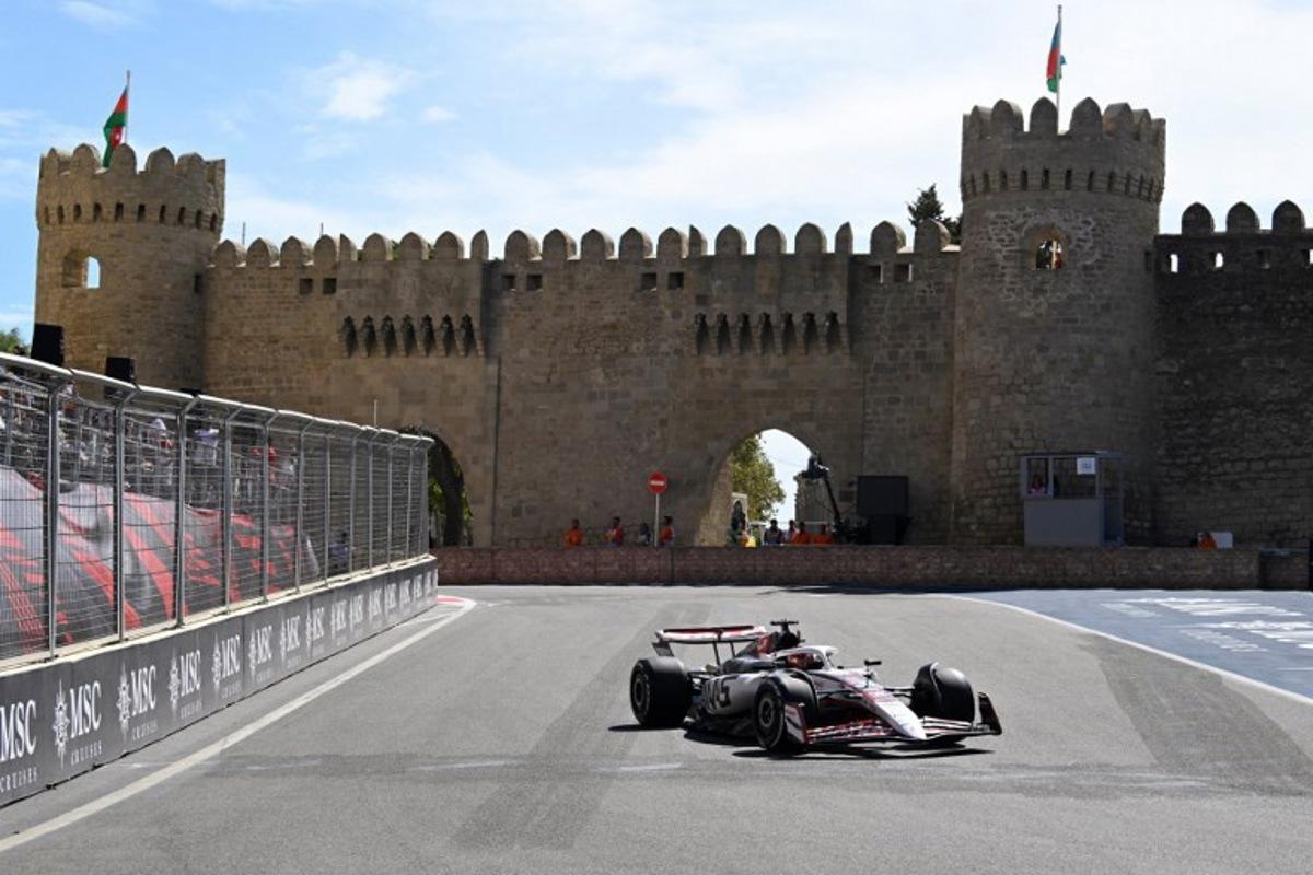 Haas F1 Team's French driver Esteban Ocon drives during a practice session of the Formula One Azerbaijan Grand Prix at the Baku City Circuit in Baku on September 20, 2025.  Alexander NEMENOV / AFP