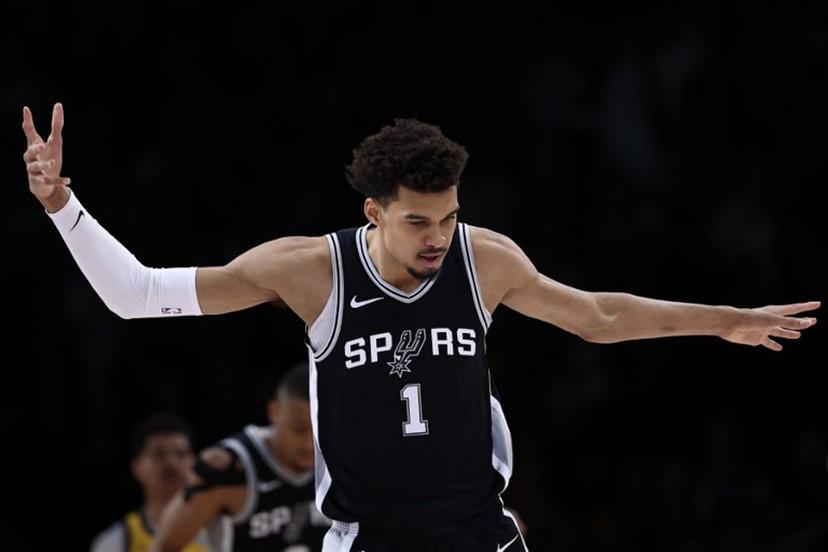 San Antonio Spurs' French forward-center #01 Victor Wembanyama reacts during the NBA basketball game between the Indiana Pacers and the San Antonio Spurs at the Accor Arena - Palais Omnisports de Paris-Bercy - in Paris on January 23, 2025.  FRANCK FIFE / AFP